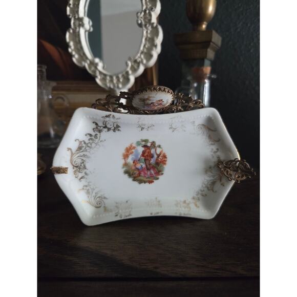 Epiag Ditmar-Urbach Czechoslovakia Porcelain Ormolu Tray Courting Scene 1930s - Picture 3 of 10